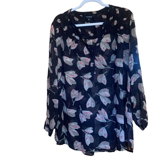 Lucky Brand Womens Plus Size 1X Multicolor Floral Abstract Sheer Blouse Top - Picture 1 of 8
